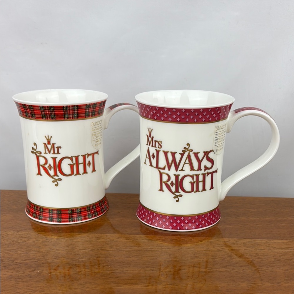 Dunoon fine bone china mugs by Kate Mawdsley Mr. right and Mrs always right